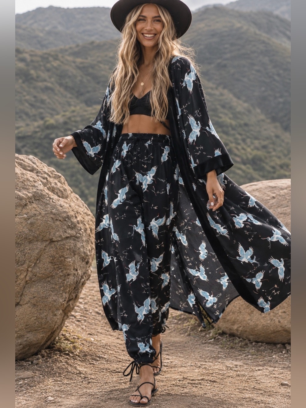 🔥RARE🔥 Hazel 2-Pc Crane Print Kimono & Jogger Pants SET Velvet Trim Small Boho